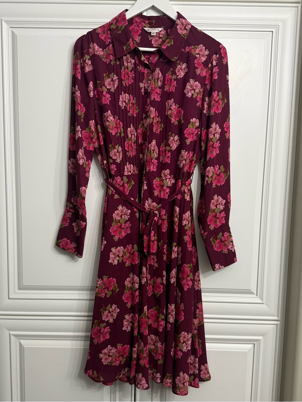 Nanette Lepore Pintuck Floral Midi ShirtDress Sangria Pink Tie Belt Size 10